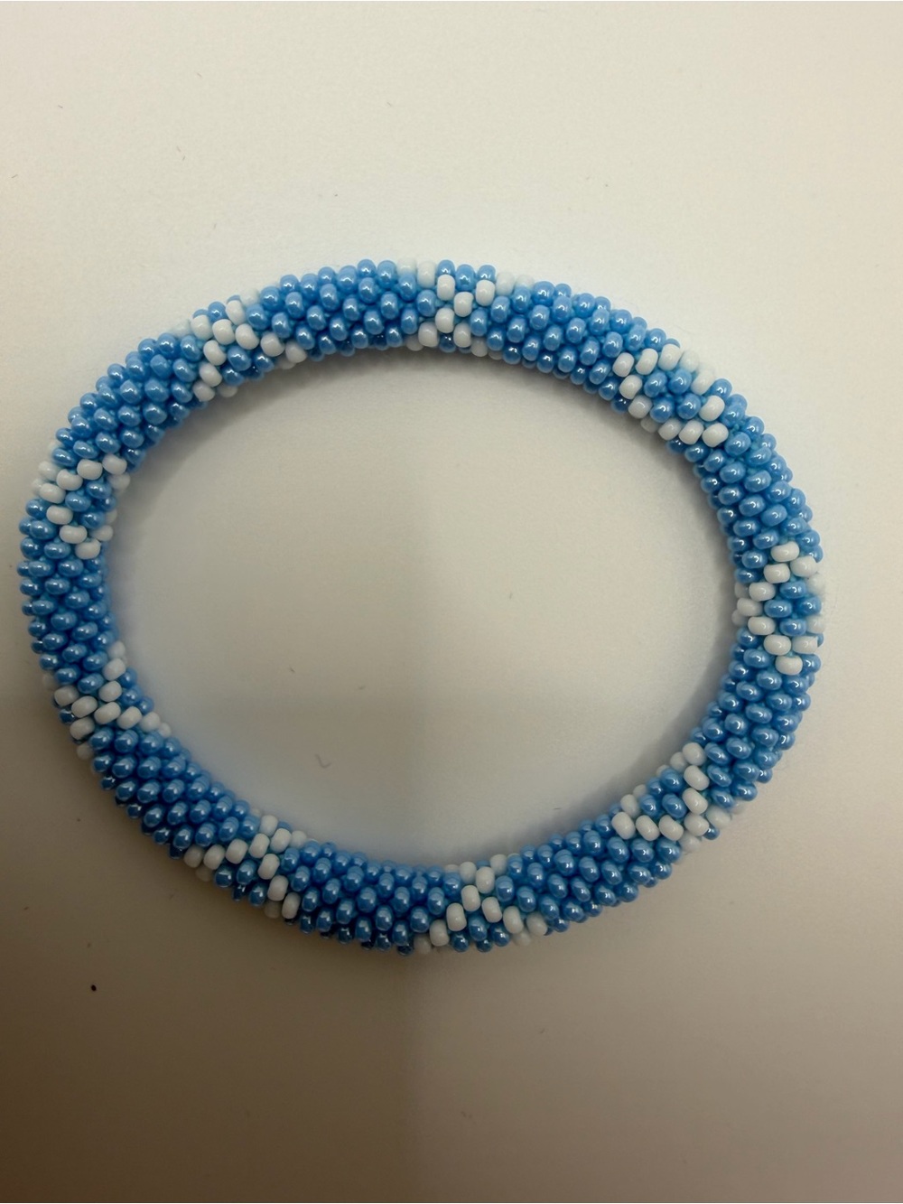 Handmade Blue and White Beaded Stretch Bracelet